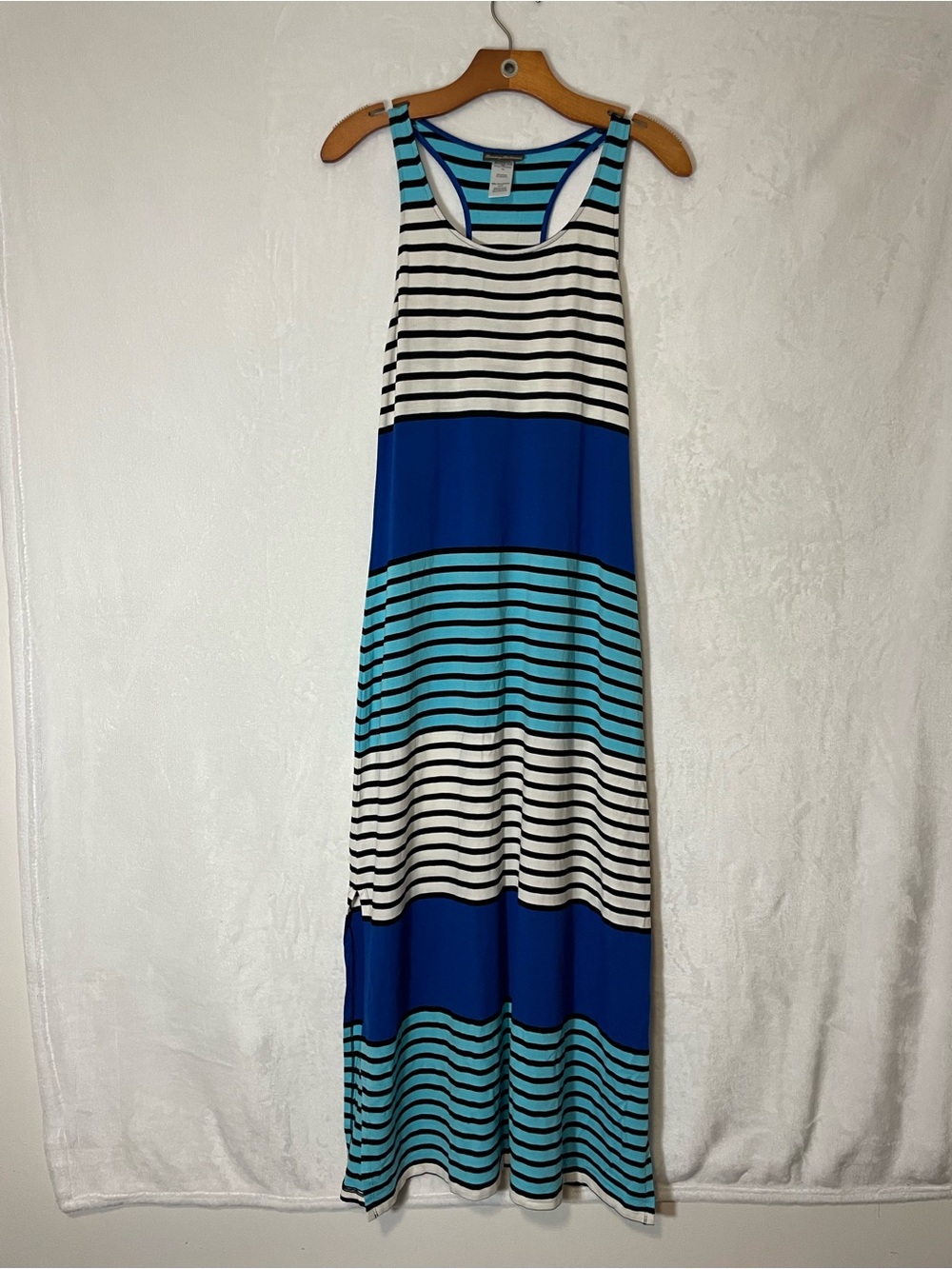 Tommy Bahama Blue, Aqua & Black Striped Racerback Maxi Dress